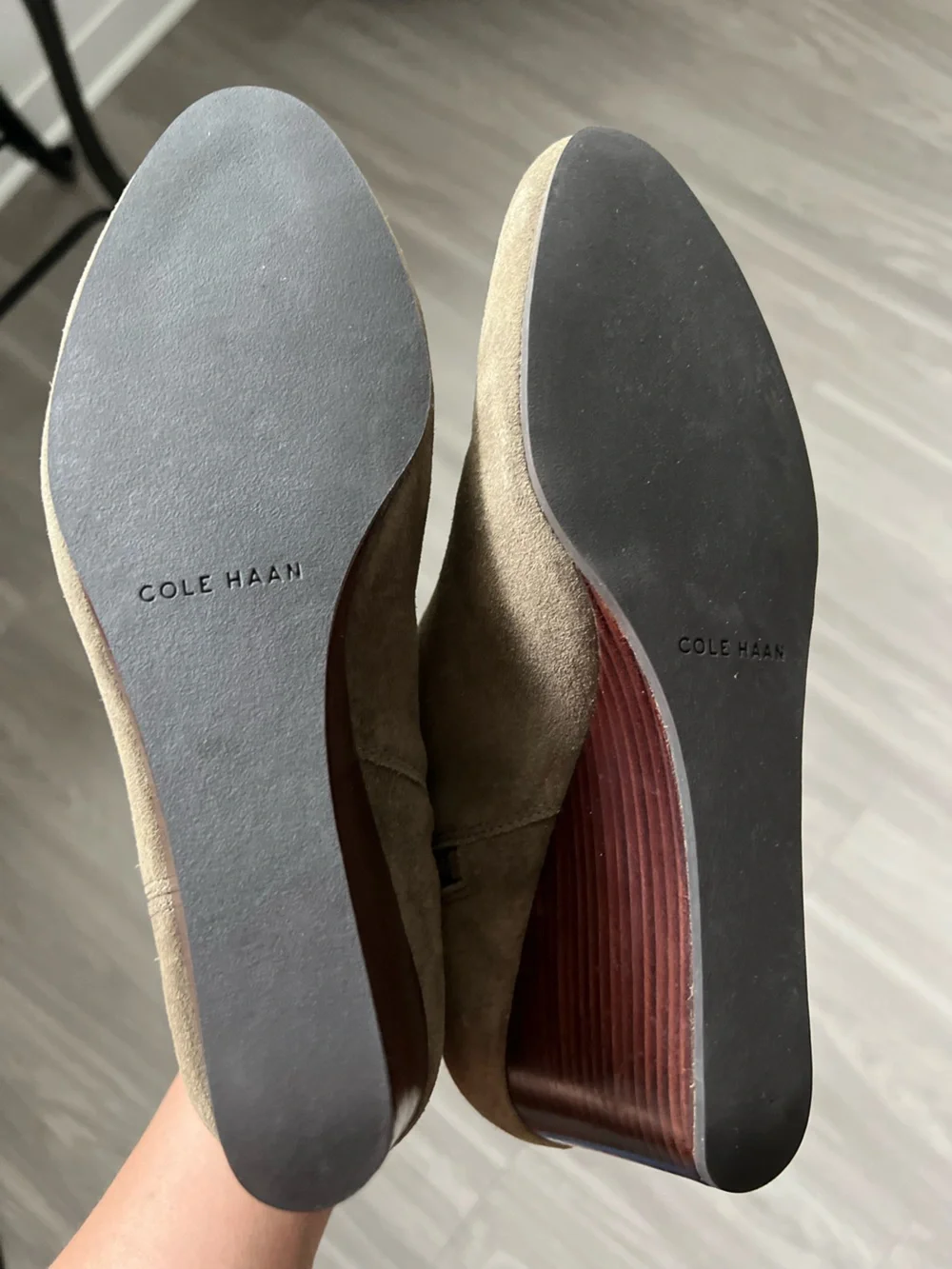 Cole Haan Suede Wedge Ankle Booties Taupe Brown Tassel Zip Size 8B